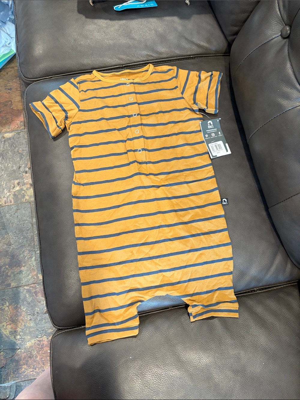 Striped Short-Sleeve One-Piece Romper in Mustard Yellow/blue rags to raches